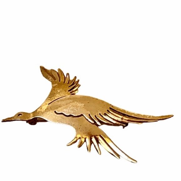 Sterling Silver Flying Goose Duck Brooch Pin HANDMADE Gold Wash - Picture 6 of 13